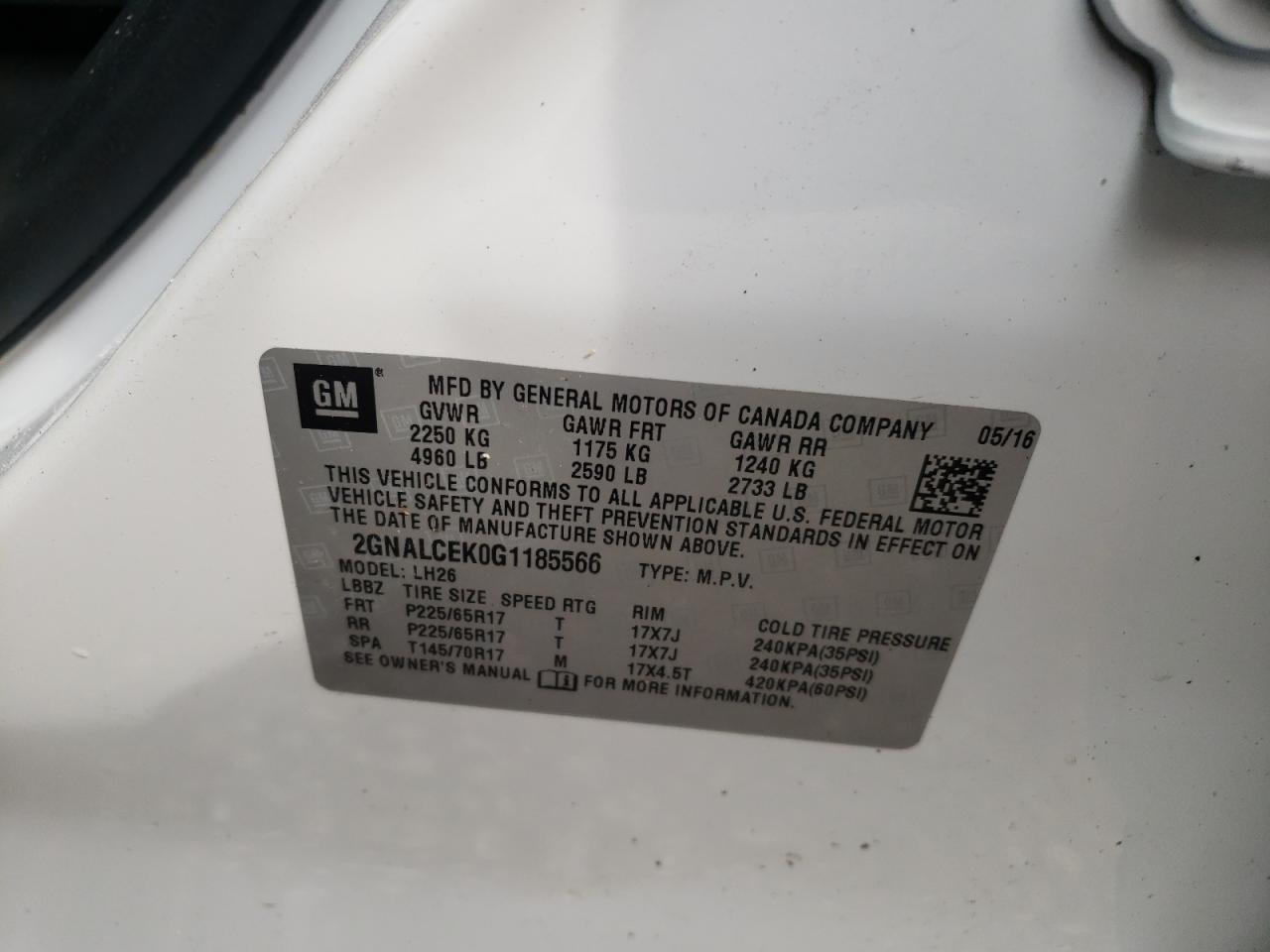 Photo 10 from auction – 2016 CHEVROLET EQUINOX LT with VIN 2GNALCEK0G1185566
