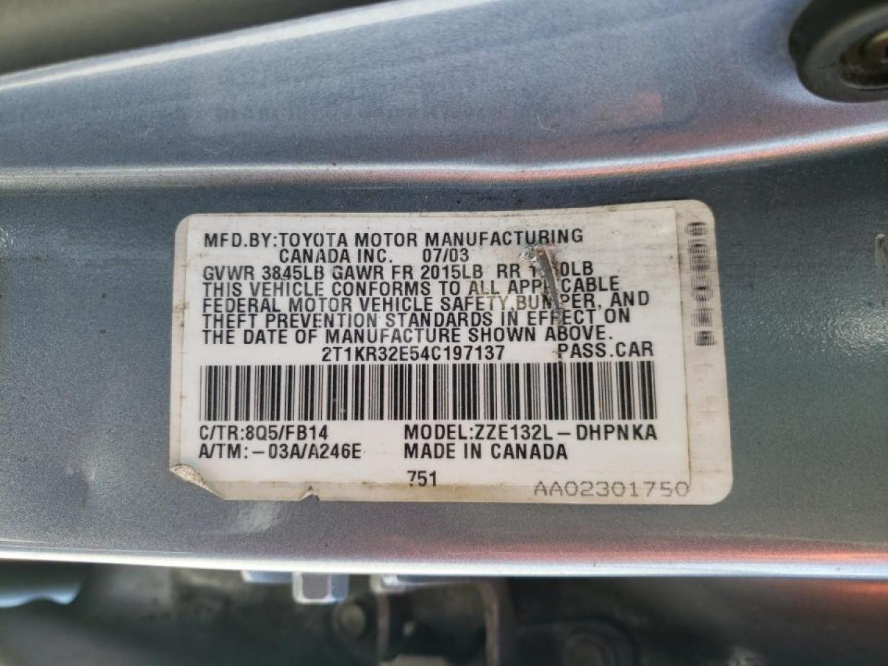 Photo 10 from auction – 2004 TOYOTA COROLLA MA with VIN 2T1KR32E54C197137