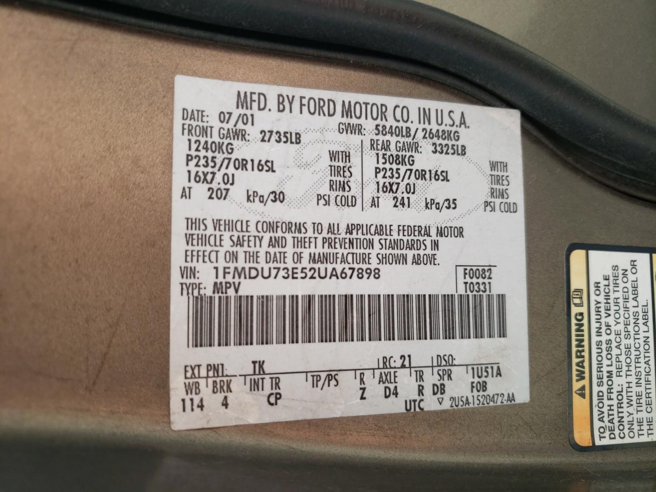 Photo 10 from auction – 2002 FORD EXPLORER X with VIN 1FMDU73E52UA67898