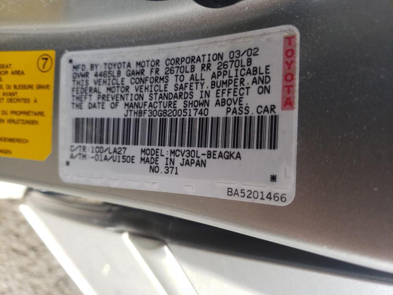 Photo 10 from auction – 2002 LEXUS ES 300 with VIN JTHBF30G820051740