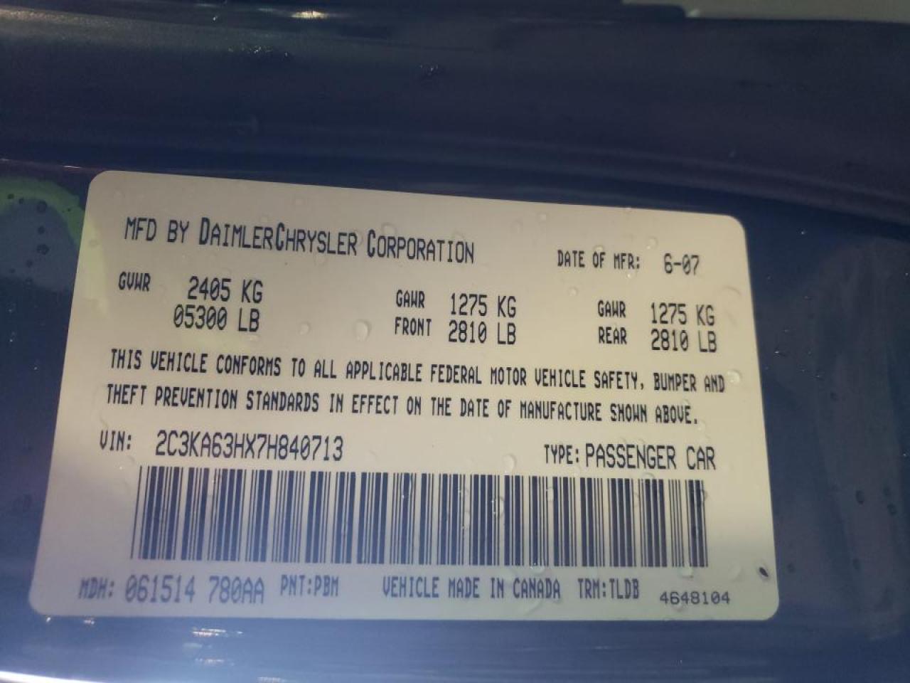 Photo 10 from auction – 2007 CHRYSLER 300C with VIN 2C3KA63HX7H840713