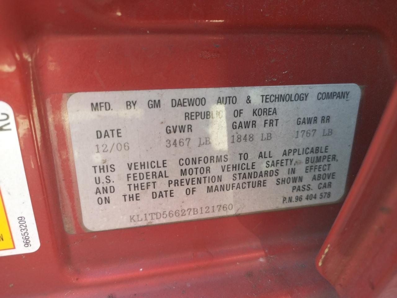 Photo 10 from auction – 2007 CHEVROLET AVEO BASE with VIN KL1TD56627B121760