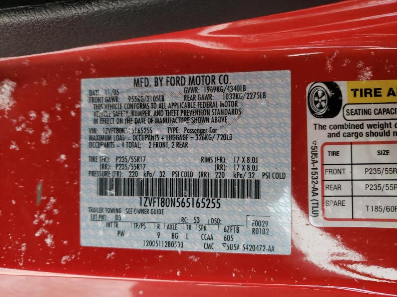 Photo 10 from auction – 2006 FORD MUSTANG with VIN 1ZVFT80N565165255