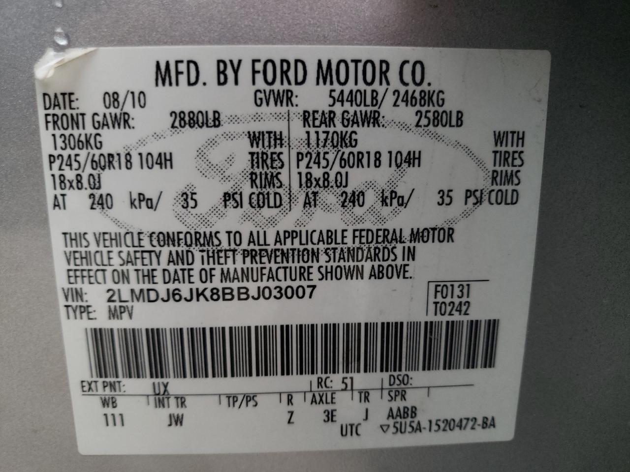 Photo 10 from auction – 2011 LINCOLN MKX with VIN 2LMDJ6JK8BBJ03007