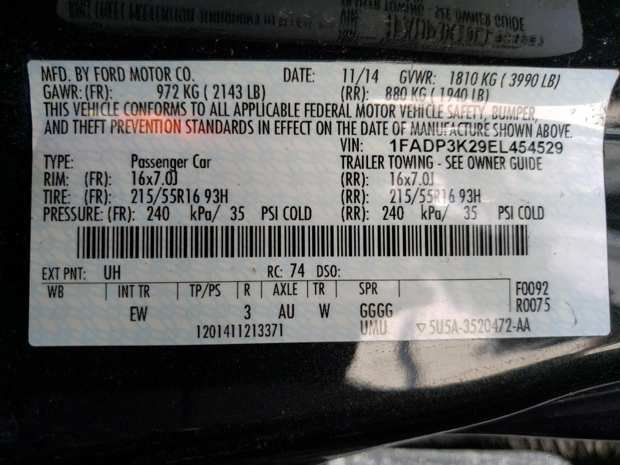Photo 10 from auction – 2014 FORD FOCUS SE with VIN 1FADP3K29EL454529