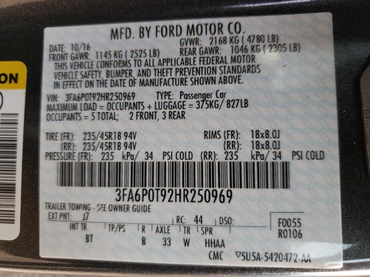 Photo 10 from auction – 2017 FORD FUSION SE with VIN 3FA6P0T92HR250969