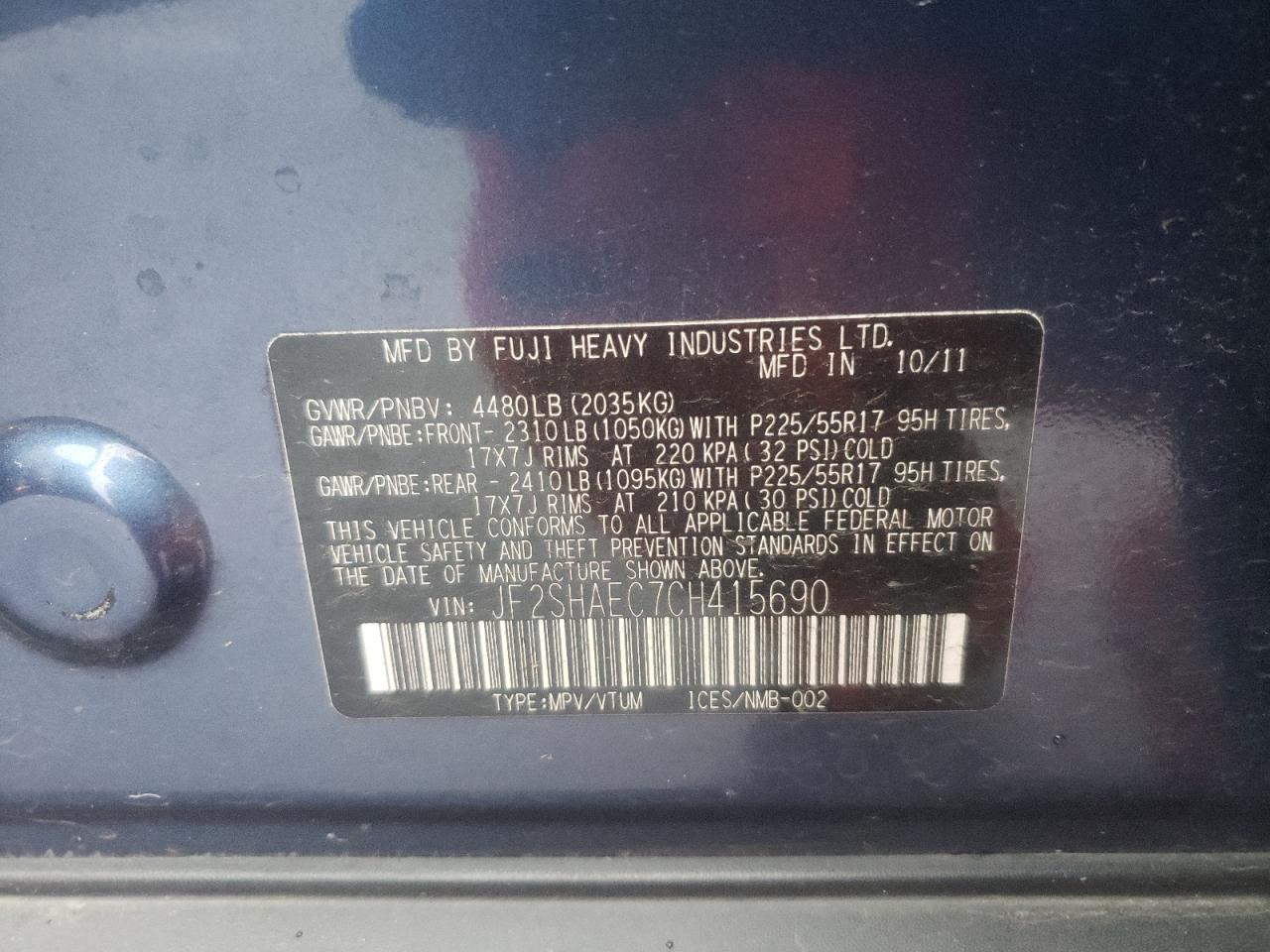 Photo 10 from auction – 2012 SUBARU FORESTER L with VIN JF2SHAEC7CH415690