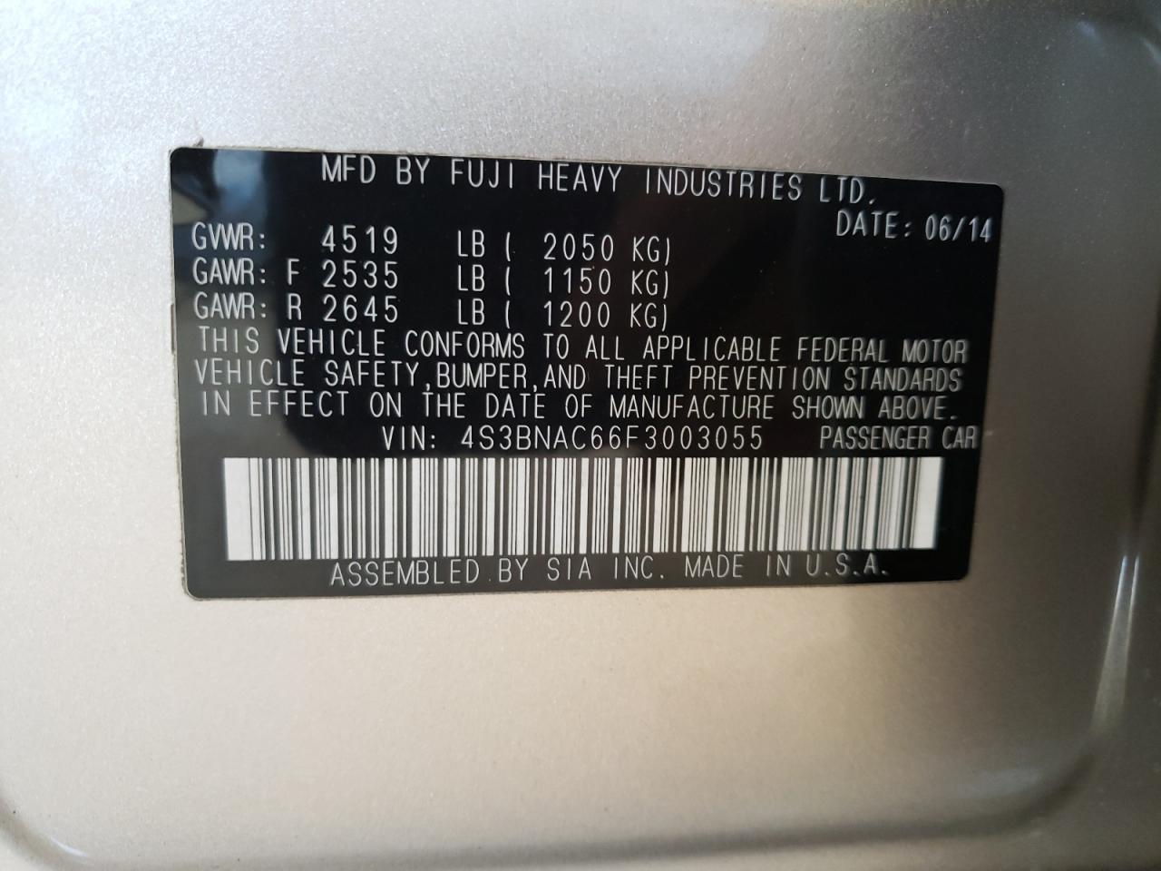 Photo 10 from auction – 2015 SUBARU LEGACY 2.5 with VIN 4S3BNAC66F3003055