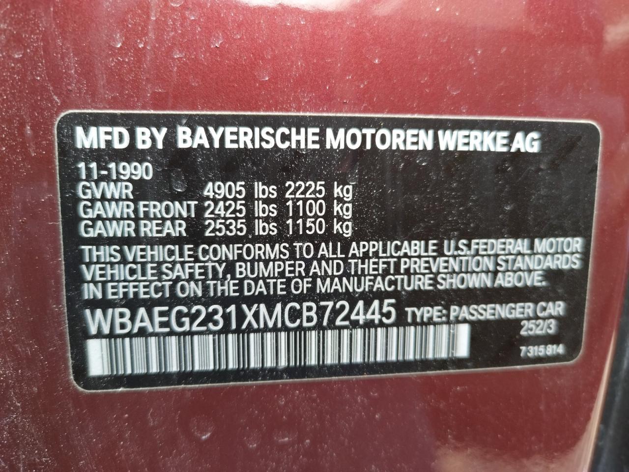 Photo 10 from auction – 1991 BMW 850 I AUTO with VIN WBAEG231XMCB72445