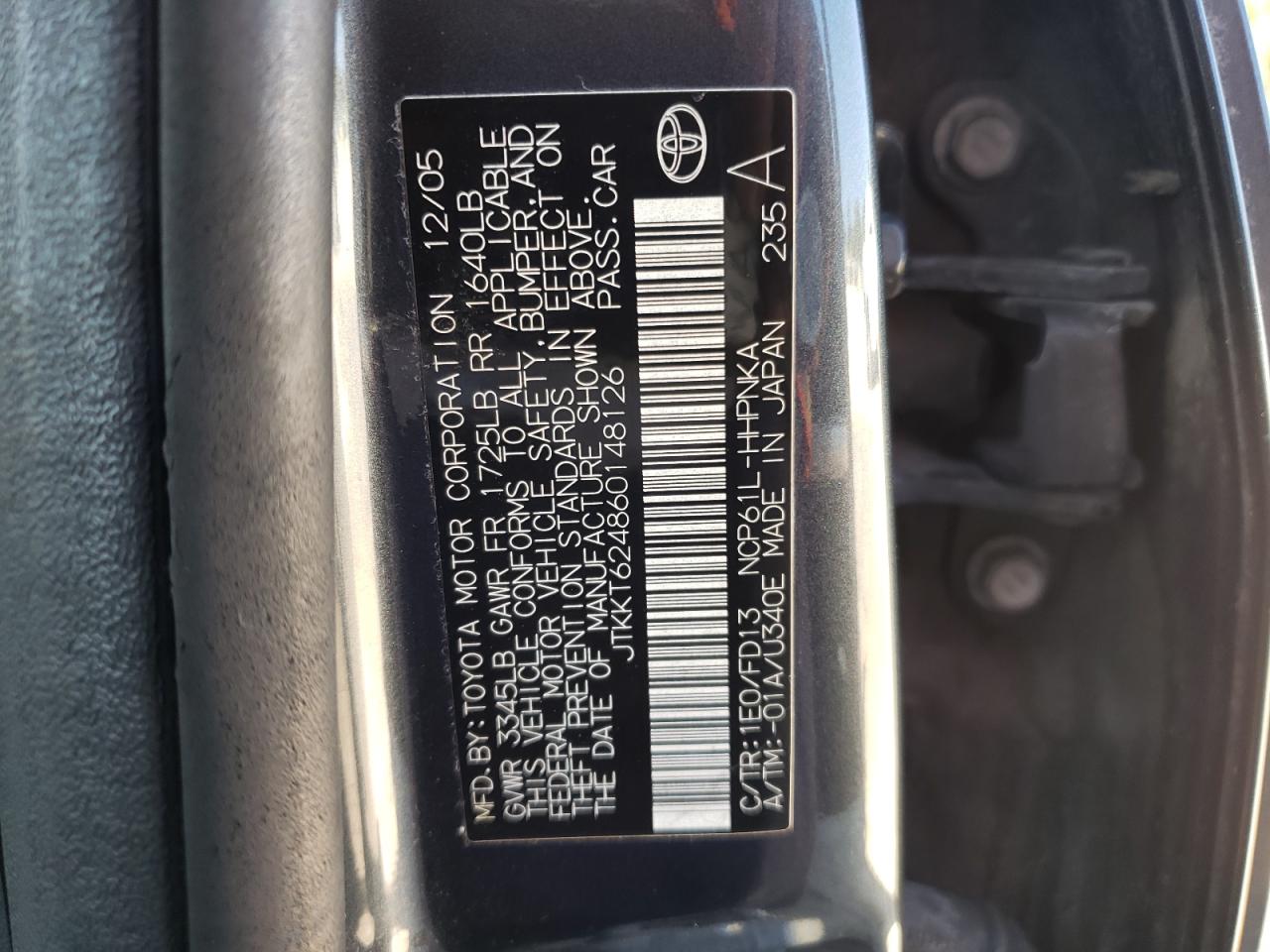 Photo 10 from auction – 2006 TOYOTA SCION XA with VIN JTKKT624860148126