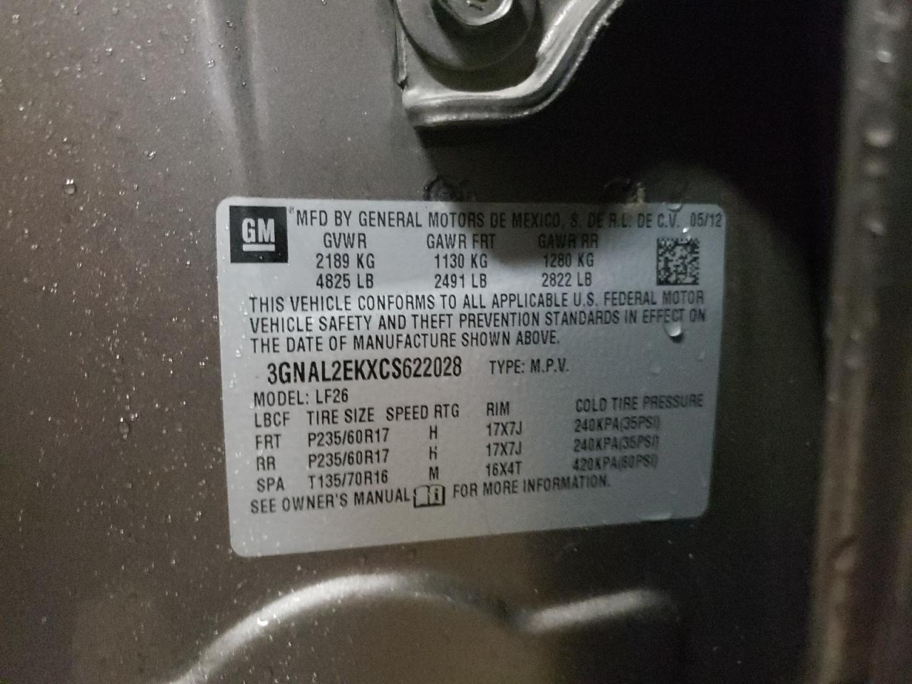 Photo 10 from auction – 2012 CHEVROLET CAPTIVA SP with VIN 3GNAL2EKXCS622028