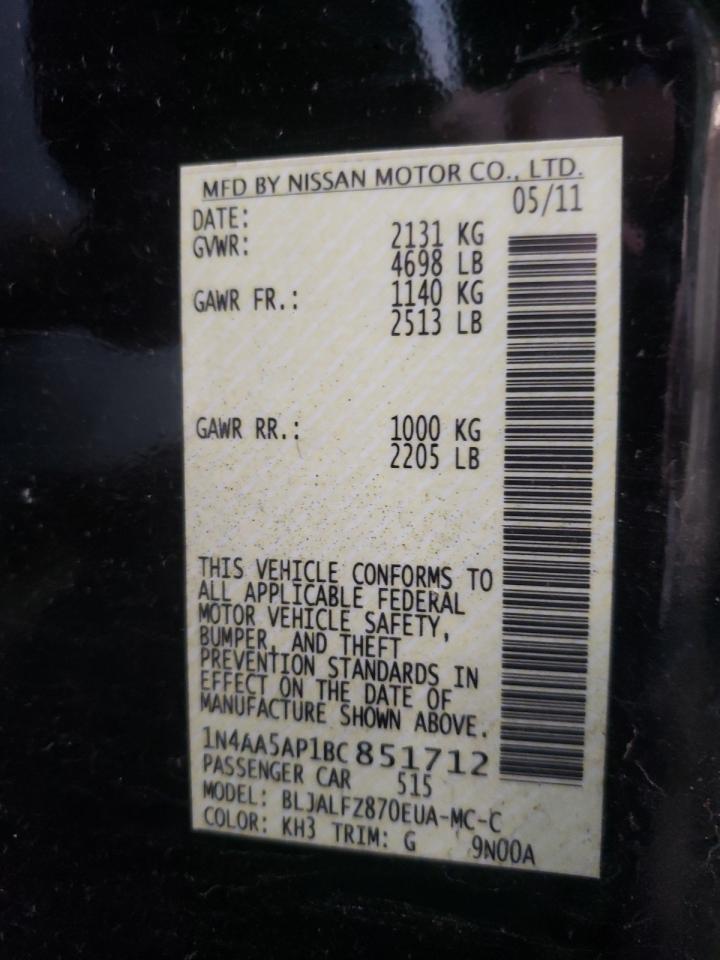 Photo 10 from auction – 2011 NISSAN MAXIMA with VIN 1N4AA5AP1BC851712
