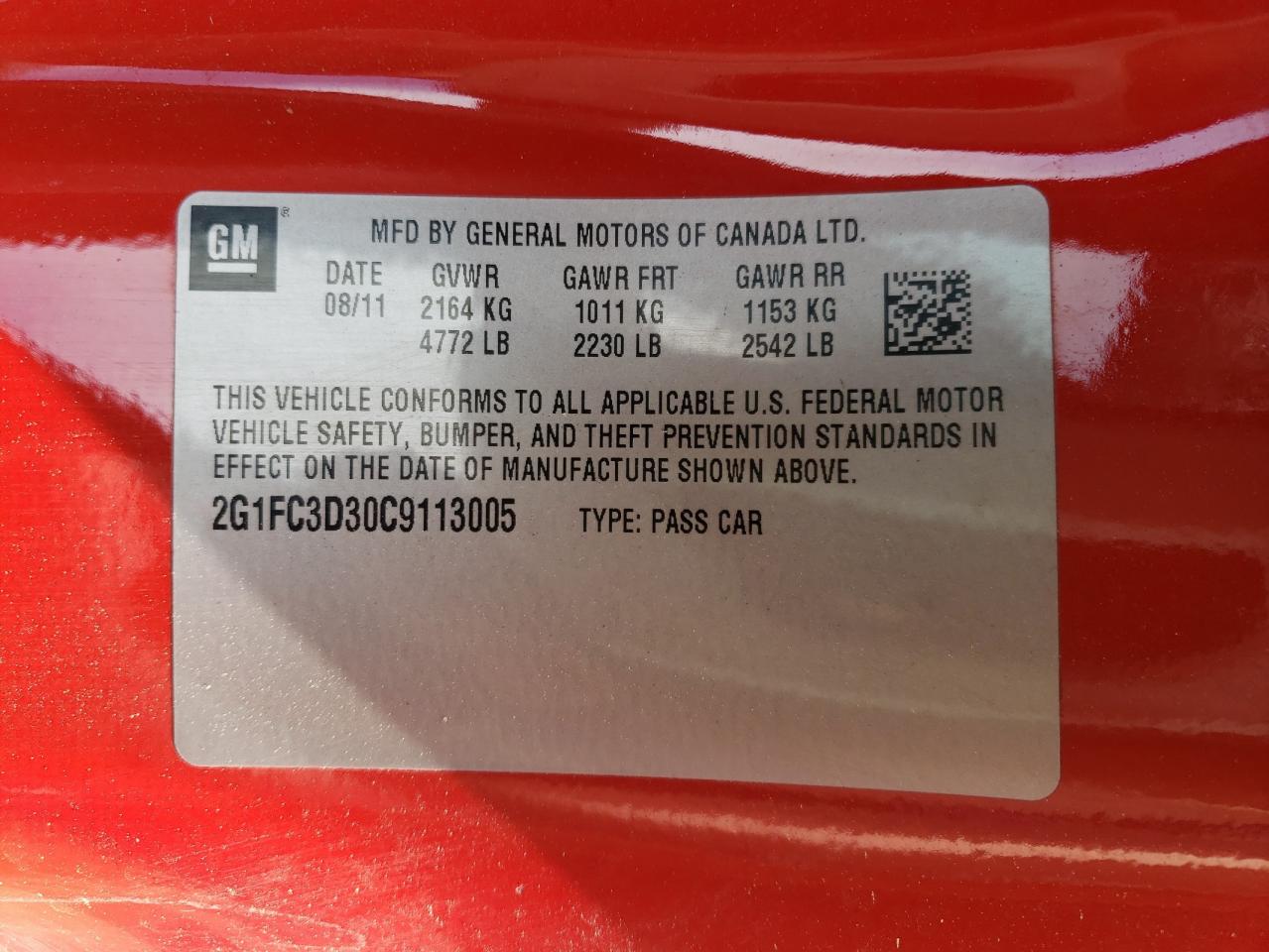 Photo 10 from auction – 2012 CHEVROLET CAMARO LT with VIN 2G1FC3D30C9113005