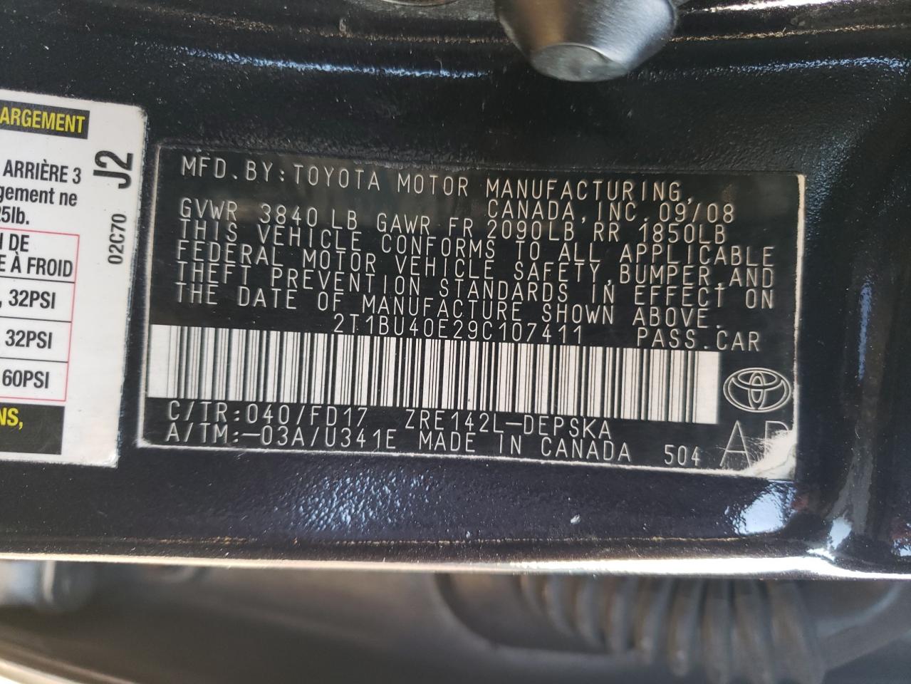Photo 10 from auction – 2009 TOYOTA COROLLA with VIN 2T1BU40E29C107411