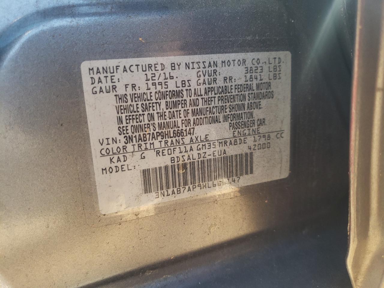 Photo 10 from auction – 2017 NISSAN SENTRA S with VIN 3N1AB7AP9HL666147