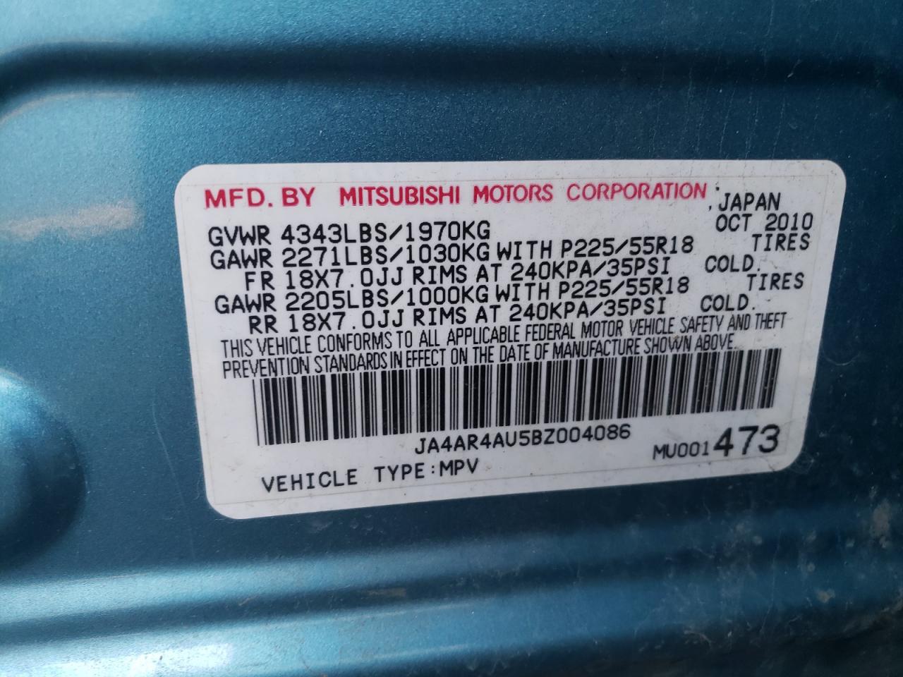 Photo 10 from auction – 2011 MITSUBISHI OUTLANDER with VIN JA4AR4AU5BZ004086