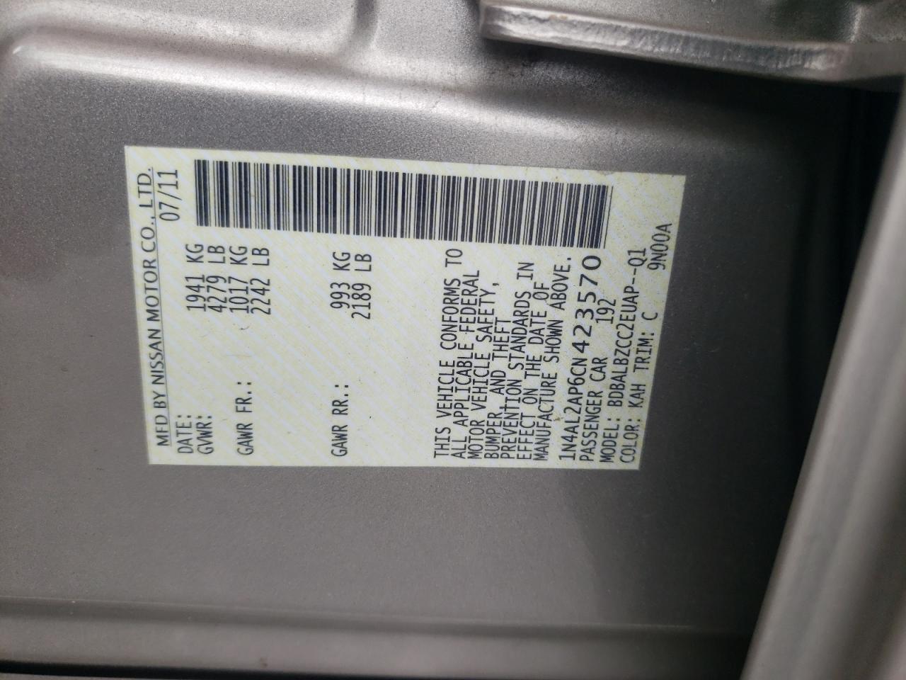 Photo 10 from auction – 2012 NISSAN ALTIMA BAS with VIN 1N4AL2AP6CN423570
