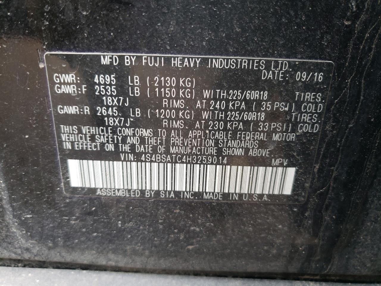 Photo 10 from auction – 2017 SUBARU OUTBACK TO with VIN 4S4BSATC4H3259014