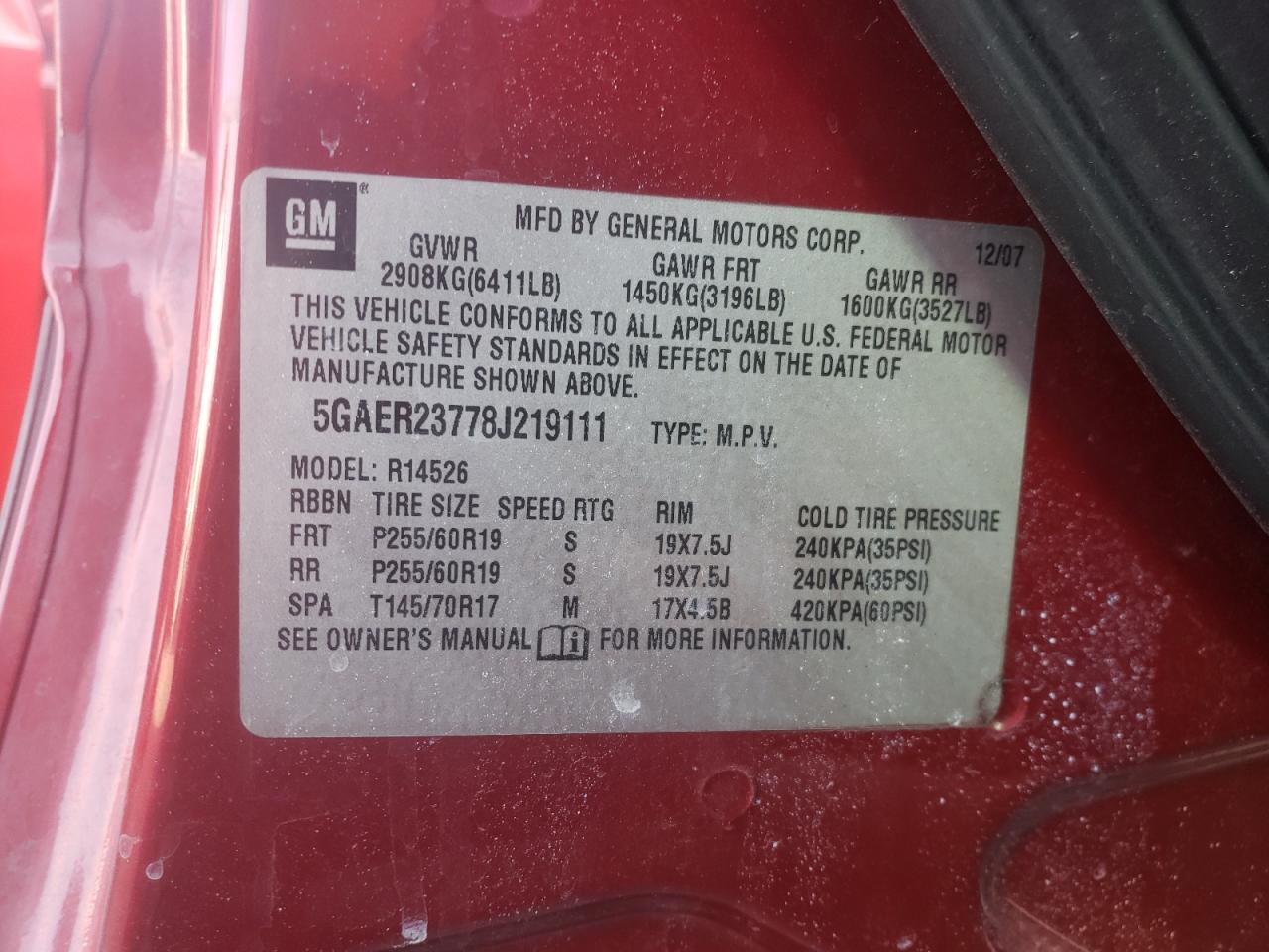 Photo 10 from auction – 2008 BUICK ENCLAVE CX with VIN 5GAER23778J219111
