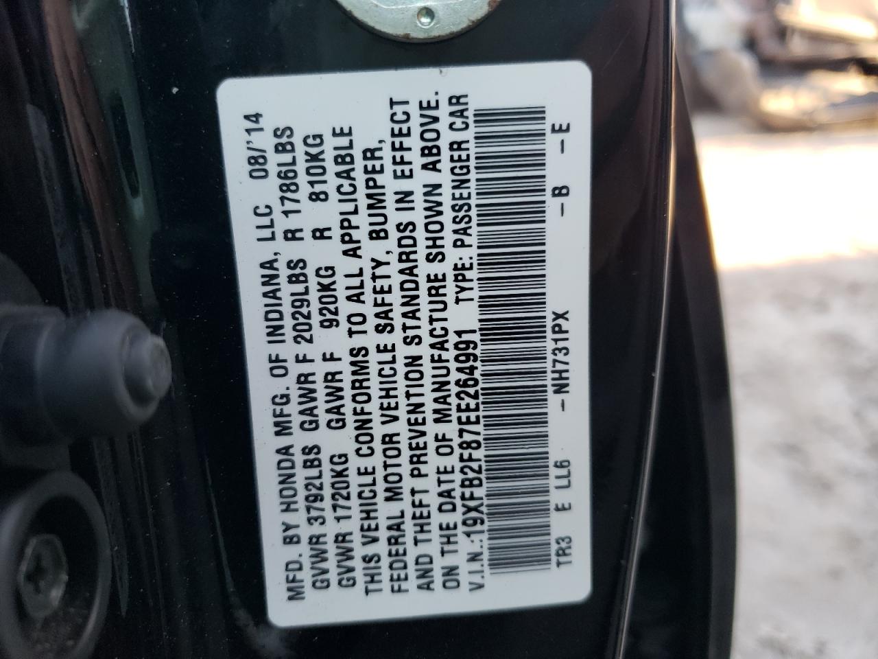 Photo 10 from auction – 2014 HONDA CIVIC EX with VIN 19XFB2F87EE264991