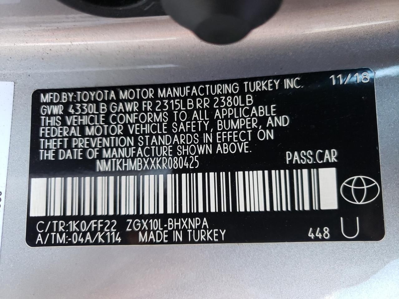 Photo 10 from auction – 2019 TOYOTA C-HR XLE with VIN NMTKHMBXXKR080425