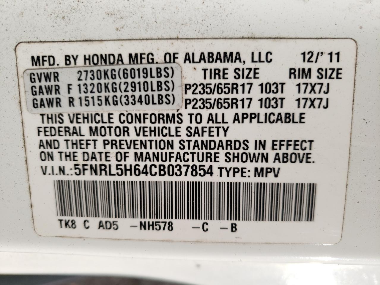Photo 10 from auction – 2012 HONDA ODYSSEY EX with VIN 5FNRL5H64CB037854