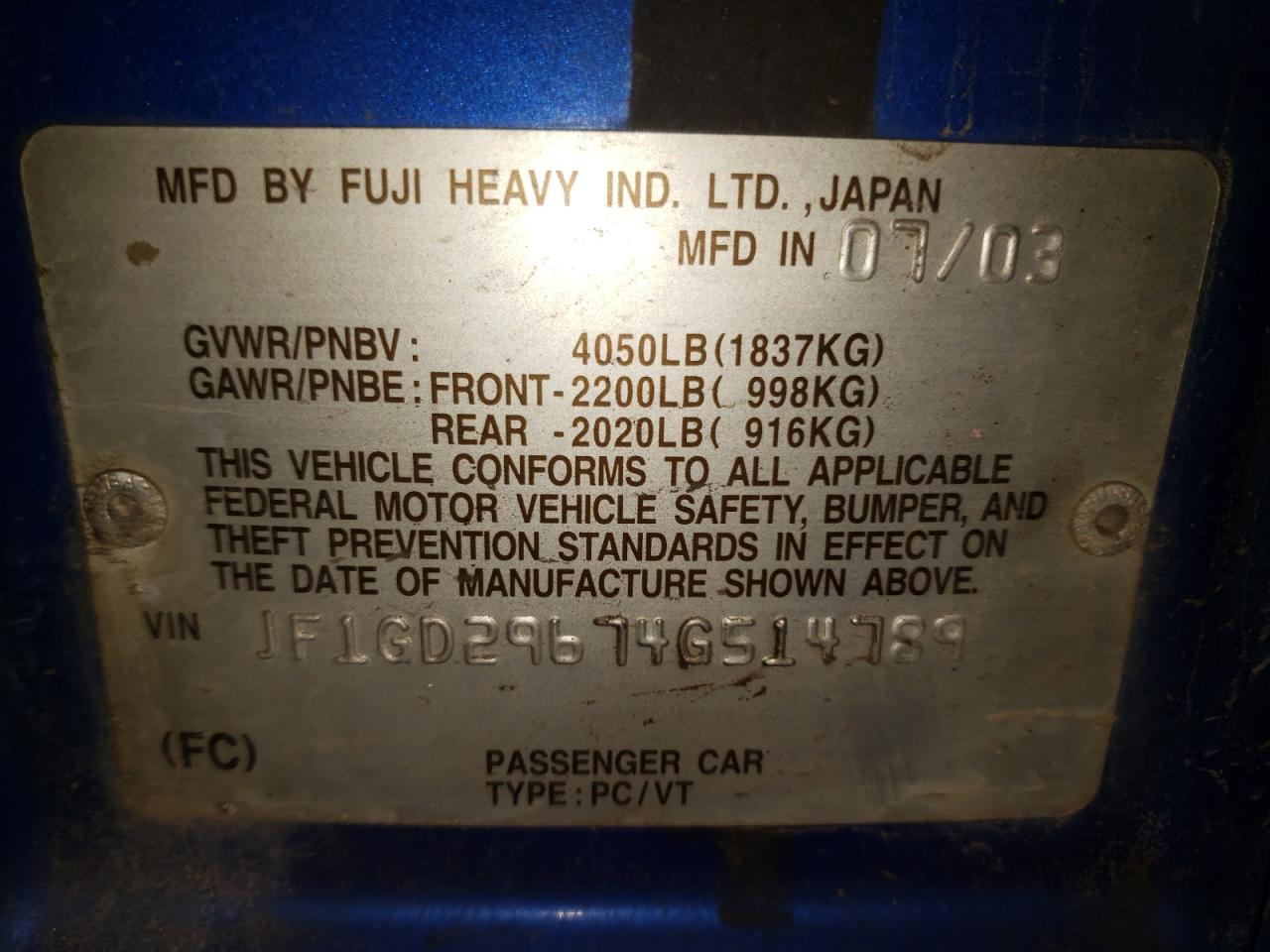 Photo 10 from auction – 2004 SUBARU IMPREZA WR with VIN JF1GD29674G514789