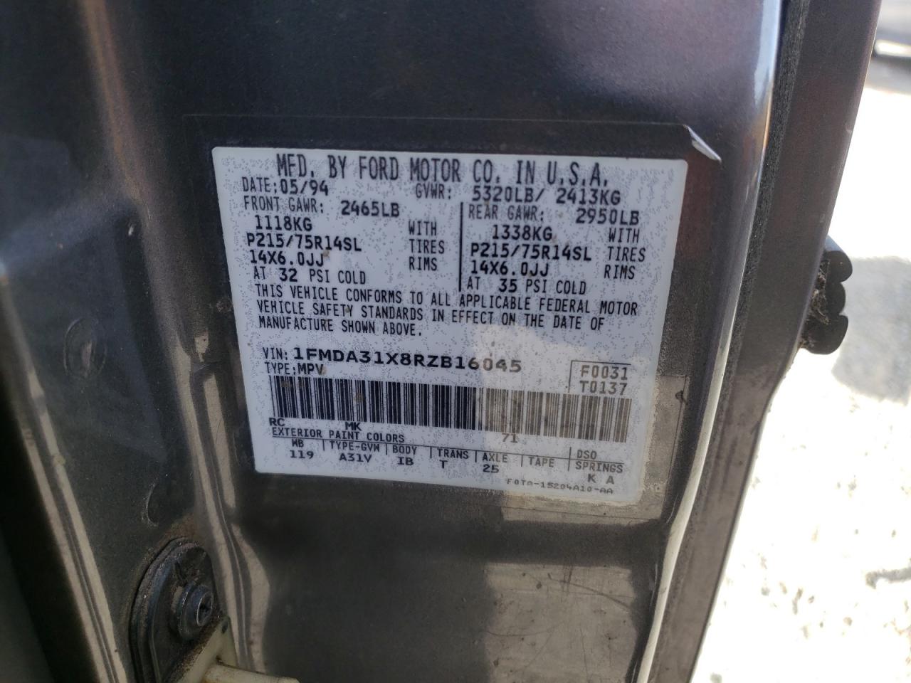 Photo 10 from auction – 1994 FORD AEROSTAR with VIN 1FMDA31X8RZB16045