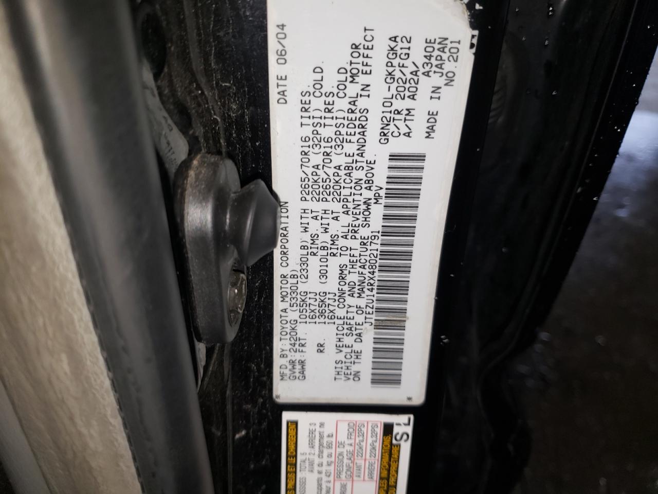 Photo 10 from auction – 2004 TOYOTA 4RUNNER SR with VIN JTEZU14RX48021791