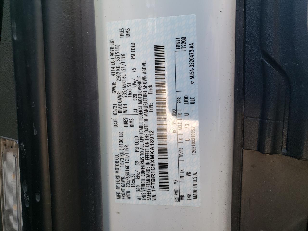 Photo 10 from auction – 2021 FORD TRANSIT T- with VIN 1FTBR1C8XMKA18912