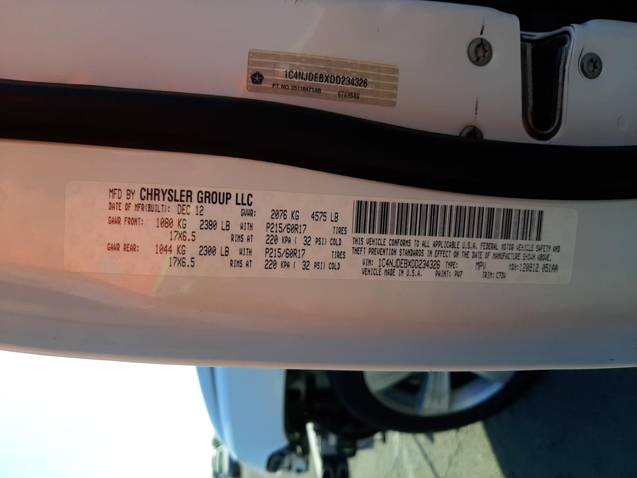Photo 10 from auction – 2013 JEEP COMPASS LA with VIN 1C4NJDEBXDD234326