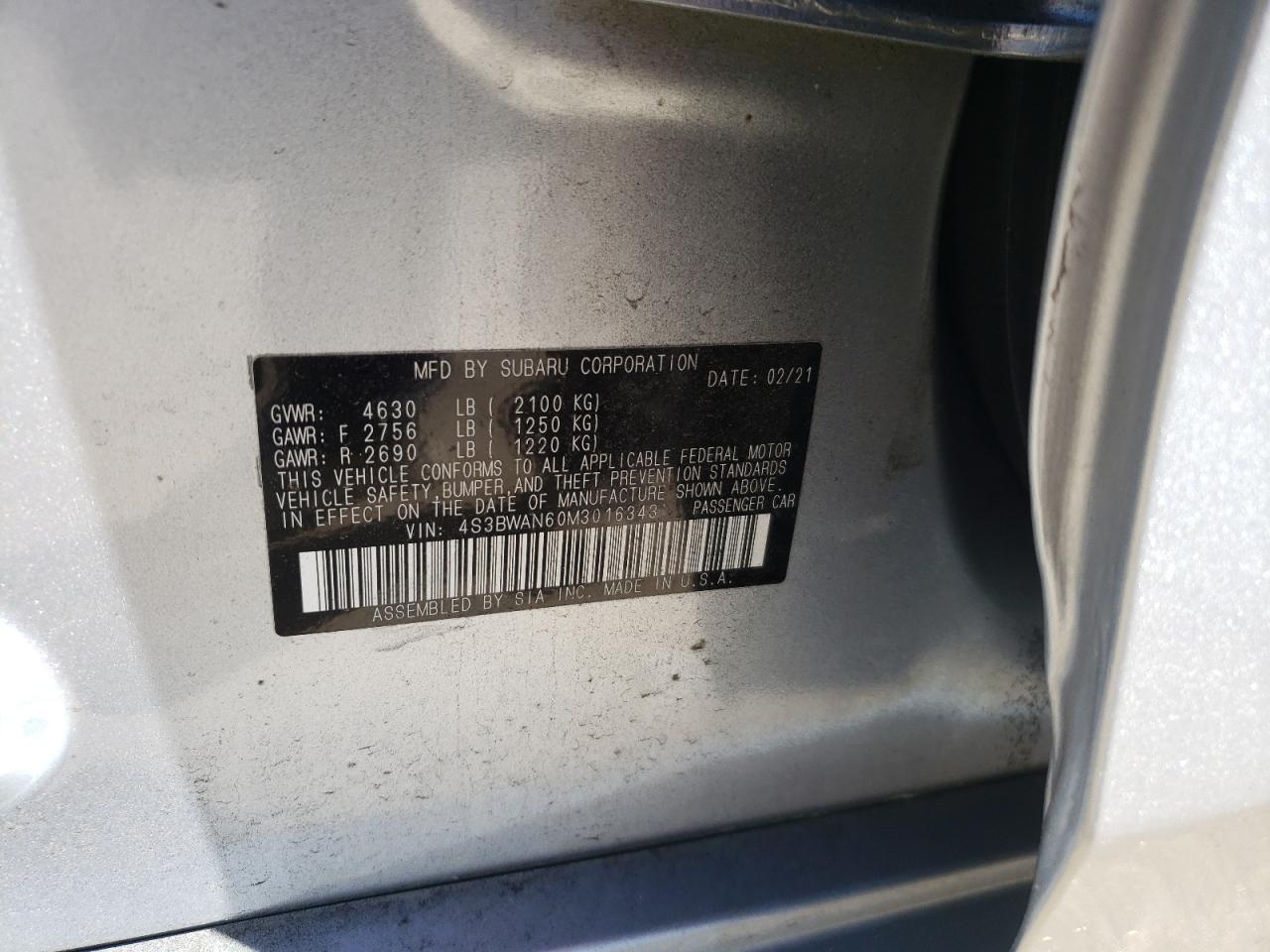 Photo 10 from auction – 2021 SUBARU LEGACY LIM with VIN 4S3BWAN60M3016343