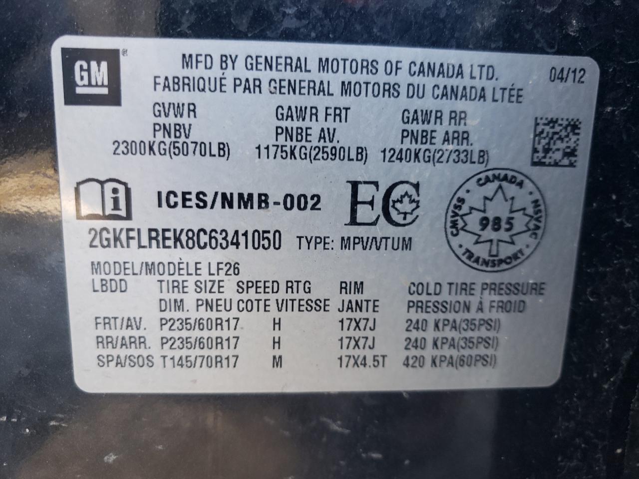 Фото 10 с аукциона – 2012 GMC TERRAIN SL с VIN 2GKFLREK8C6341050