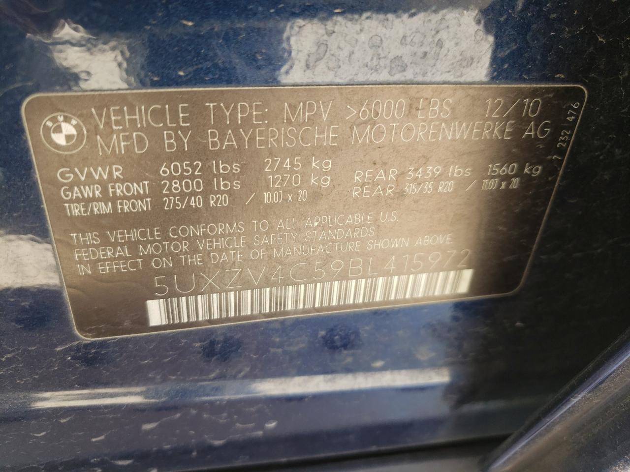 Photo 10 from auction – 2011 BMW X5 XDRIVE3 with VIN 5UXZV4C59BL415972