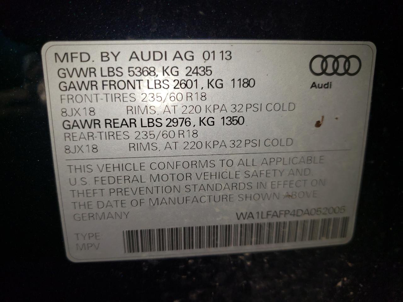Photo 10 from auction – 2013 AUDI Q5 PREMIUM with VIN WA1LFAFP4DA052005