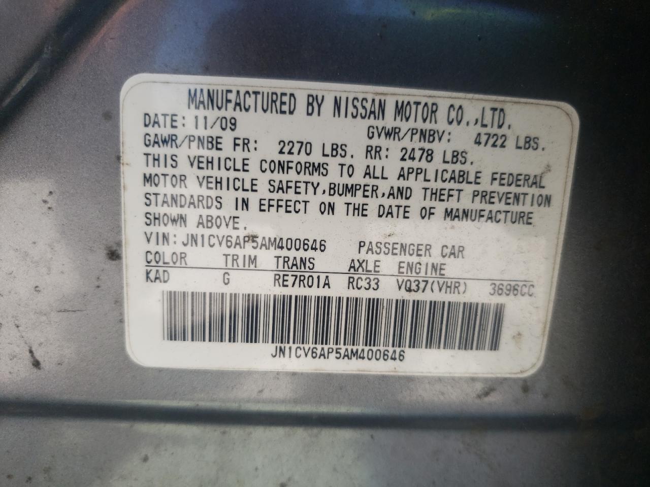 Photo 10 from auction – 2010 INFINITI G37 BASE with VIN JN1CV6AP5AM400646