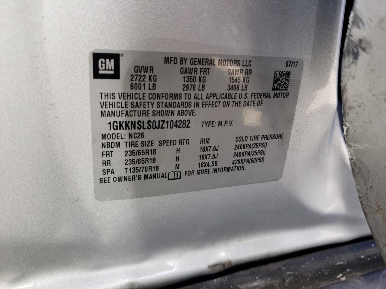 Photo 10 from auction – 2018 GMC ACADIA SLE with VIN 1GKKNSLS0JZ104282