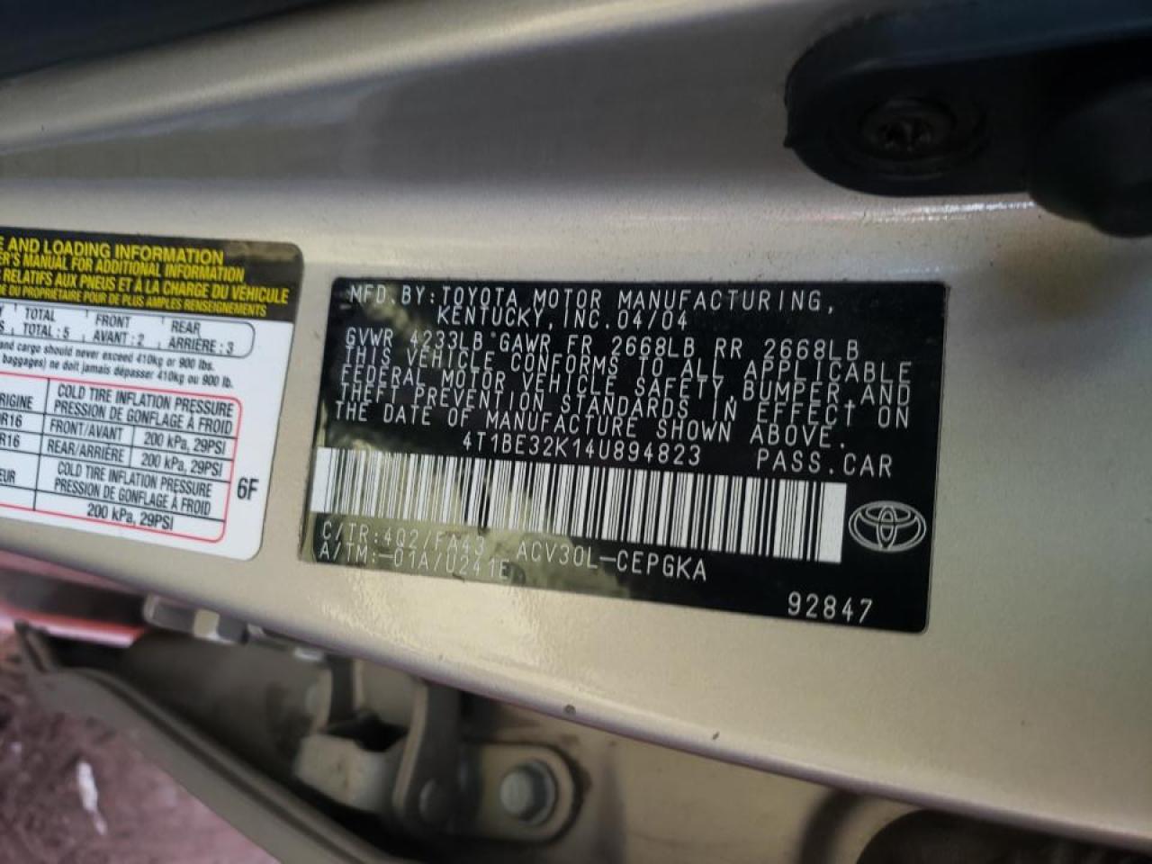 Photo 10 from auction – 2004 TOYOTA CAMRY LE with VIN 4T1BE32K14U894823