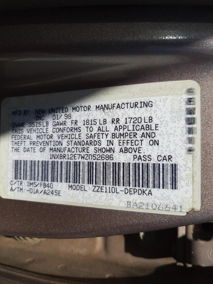 Photo 10 from auction – 1998 TOYOTA COROLLA VE with VIN 1NXBR12E7WZ052686