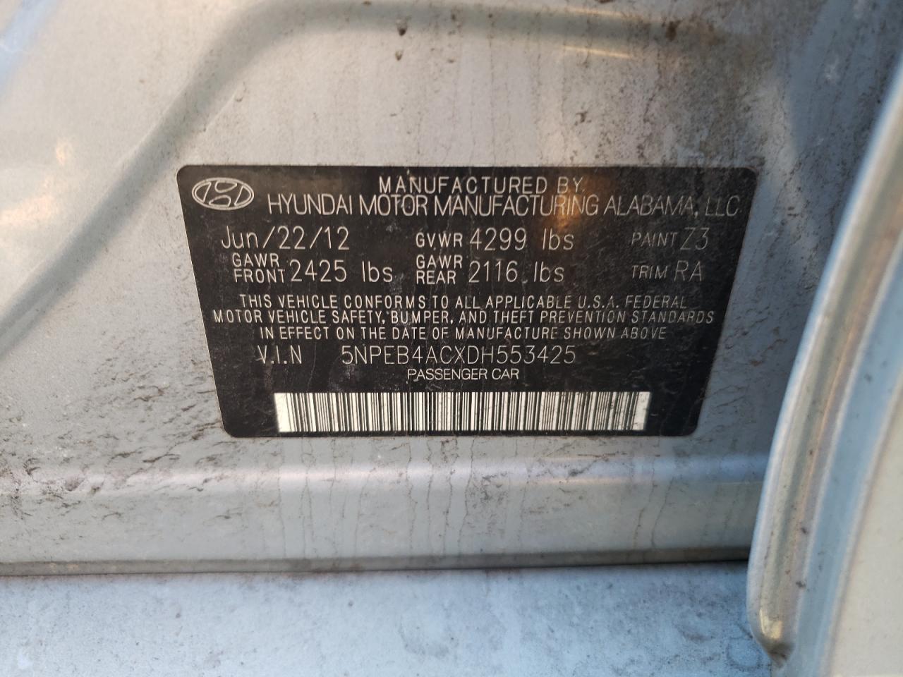 Photo 10 from auction – 2013 HYUNDAI SONATA GLS with VIN 5NPEB4ACXDH553425