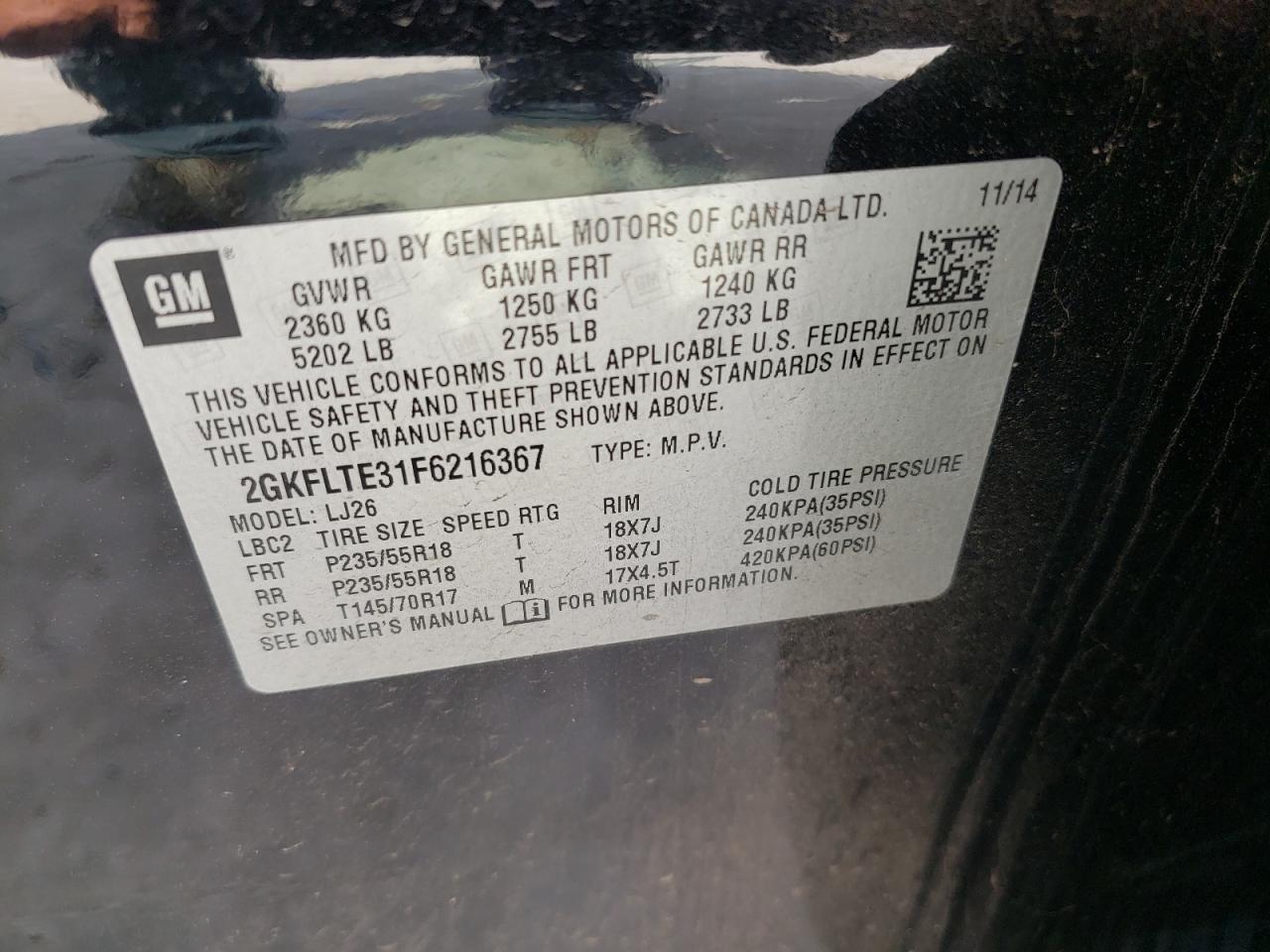 Photo 10 from auction – 2015 GMC TERRAIN SL with VIN 2GKFLTE31F6216367