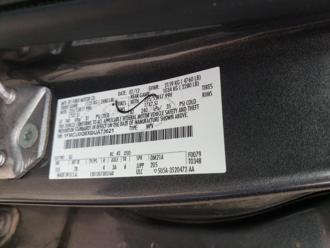 Photo 10 from auction – 2013 FORD ESCAPE SE with VIN 1FMCU0G9XDUA73621
