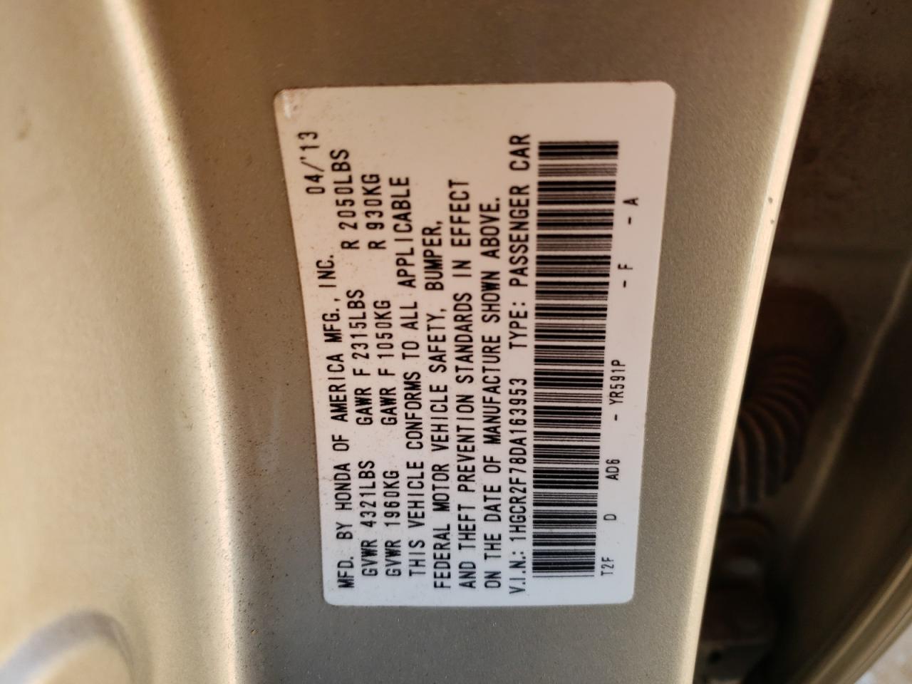 Photo 10 from auction – 2013 HONDA ACCORD EX with VIN 1HGCR2F78DA163953