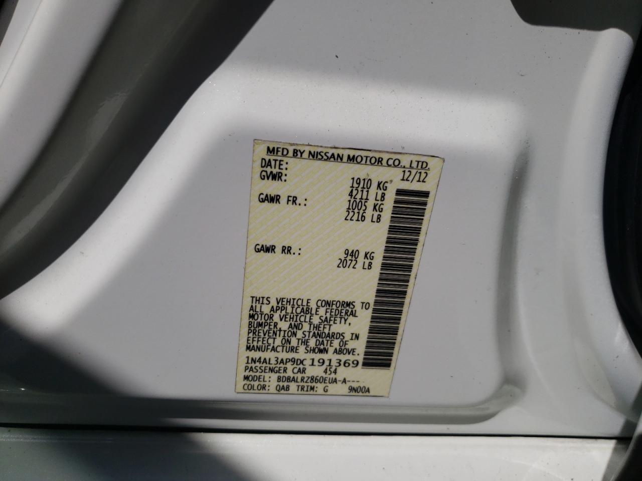 Photo 10 from auction – 2013 NISSAN ALTIMA 2.5 with VIN 1N4AL3AP9DC191369