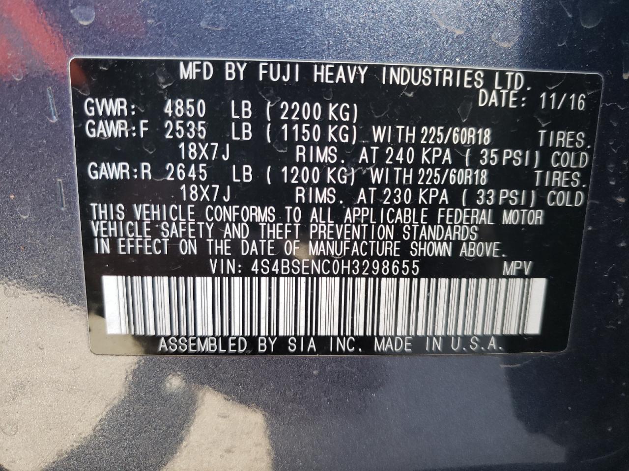Photo 10 from auction – 2017 SUBARU OUTBACK 3. with VIN 4S4BSENC0H3298655