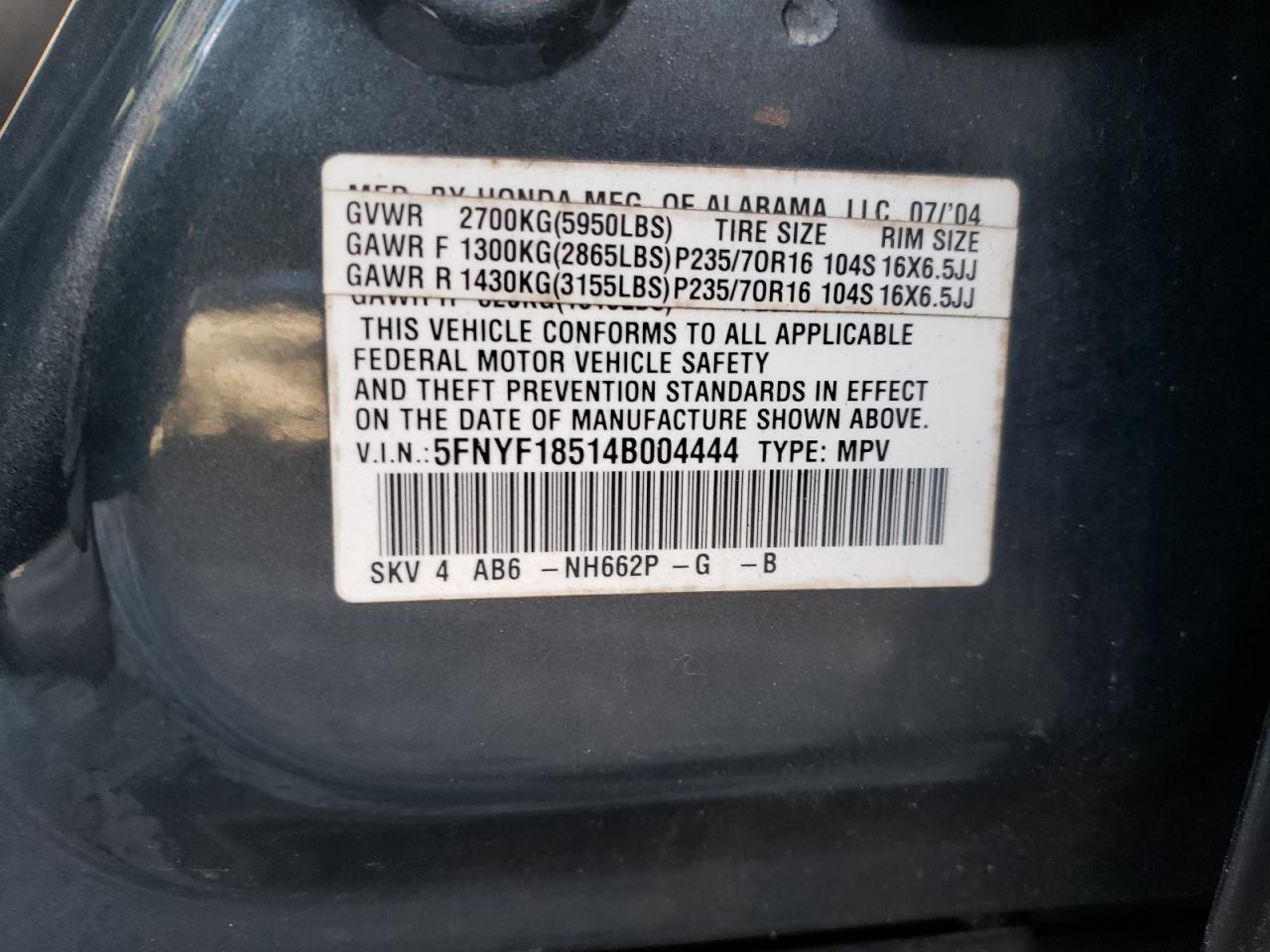 Photo 10 from auction – 2004 HONDA PILOT EXL with VIN 5FNYF18514B004444