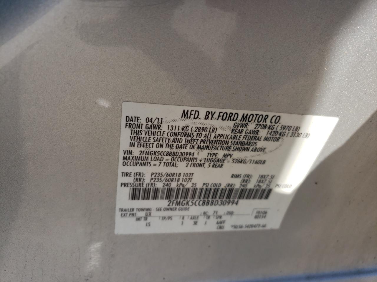 Photo 10 from auction – 2011 FORD FLEX SEL with VIN 2FMGK5CC8BBD30994