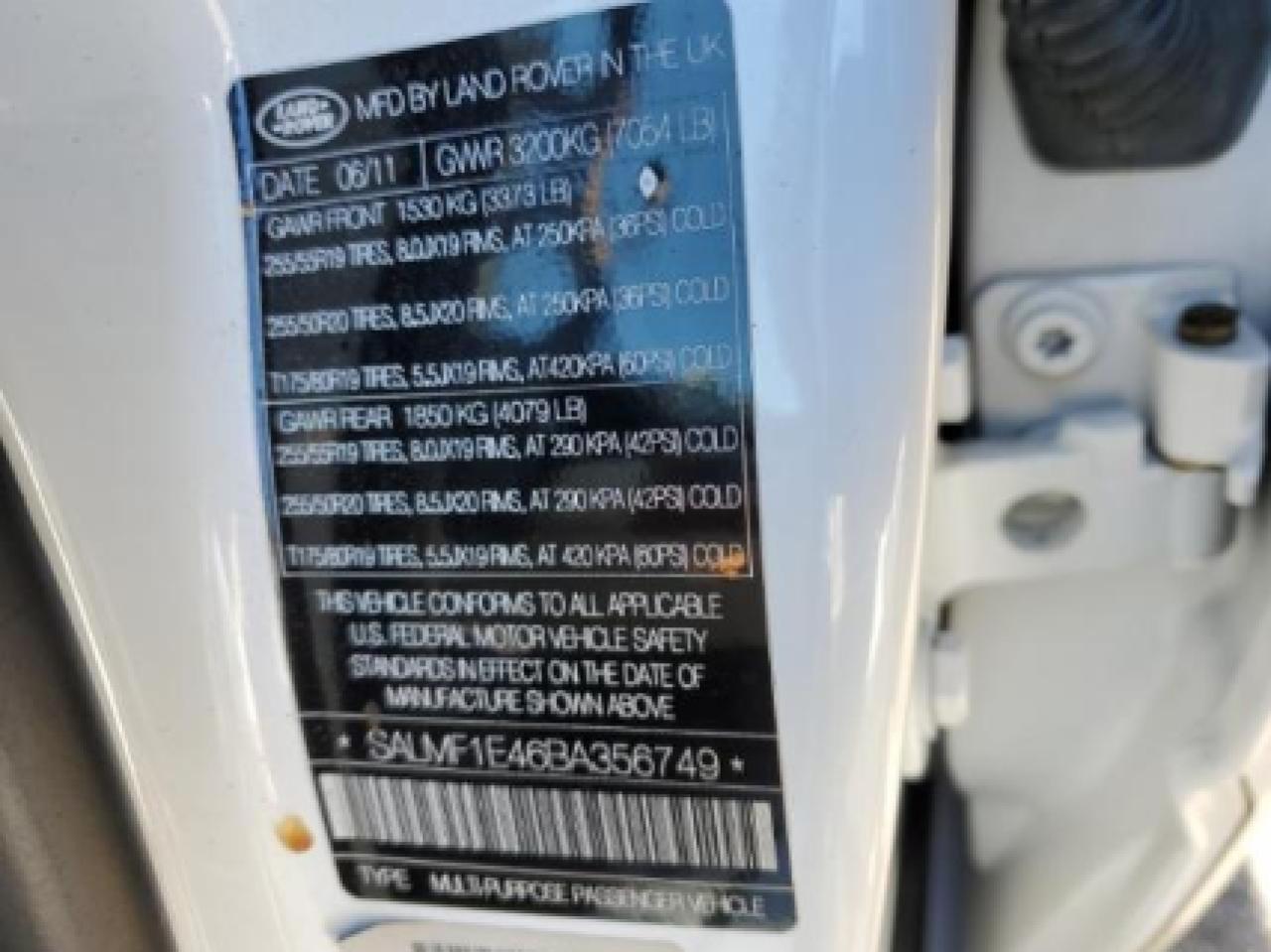Photo 10 from auction – 2011 LAND ROVER RANGE ROVE with VIN SALMF1E46BA356749