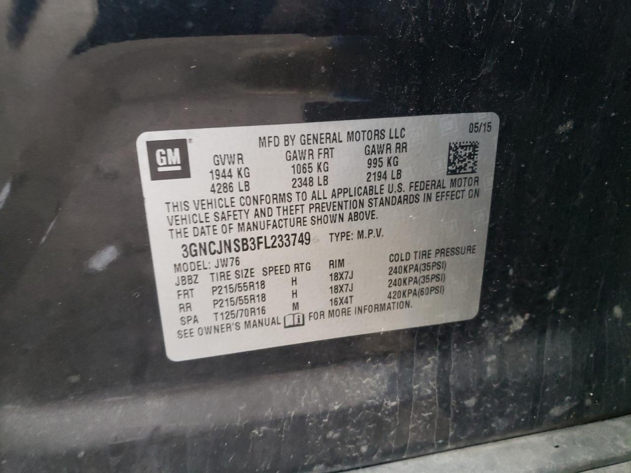Photo 10 from auction – 2015 CHEVROLET TRAX LTZ with VIN 3GNCJNSB3FL233749