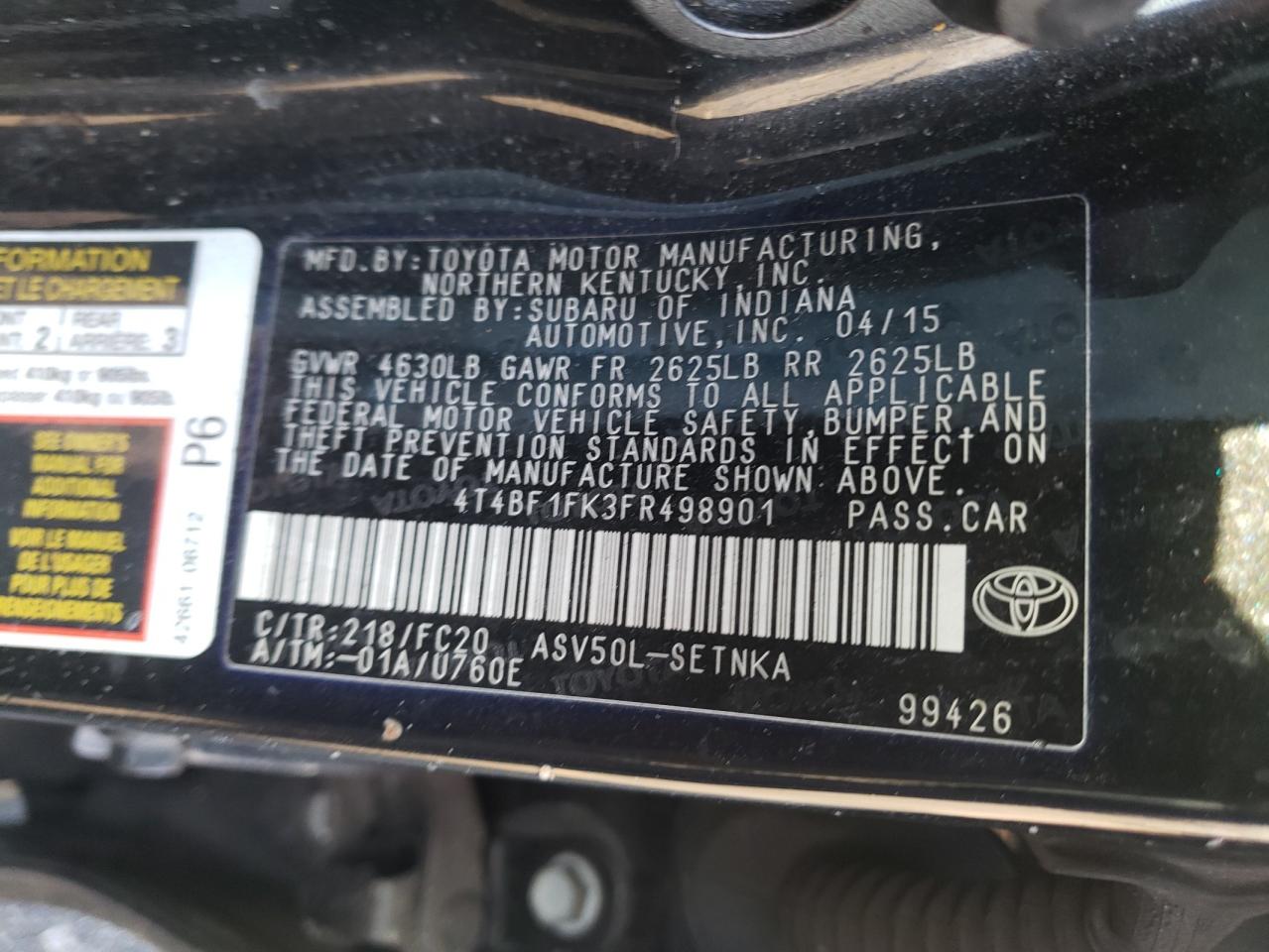 Photo 10 from auction – 2015 TOYOTA CAMRY LE with VIN 4T4BF1FK3FR498901